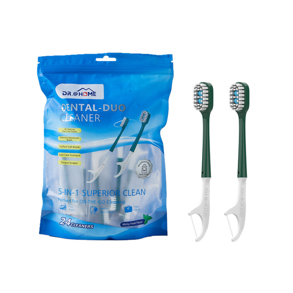 Dental Duo Disposable Travel Oral Care Set, Pre-loaded Mouthwash beads Toothbrush with Floss, Pick & Tongue Scraper