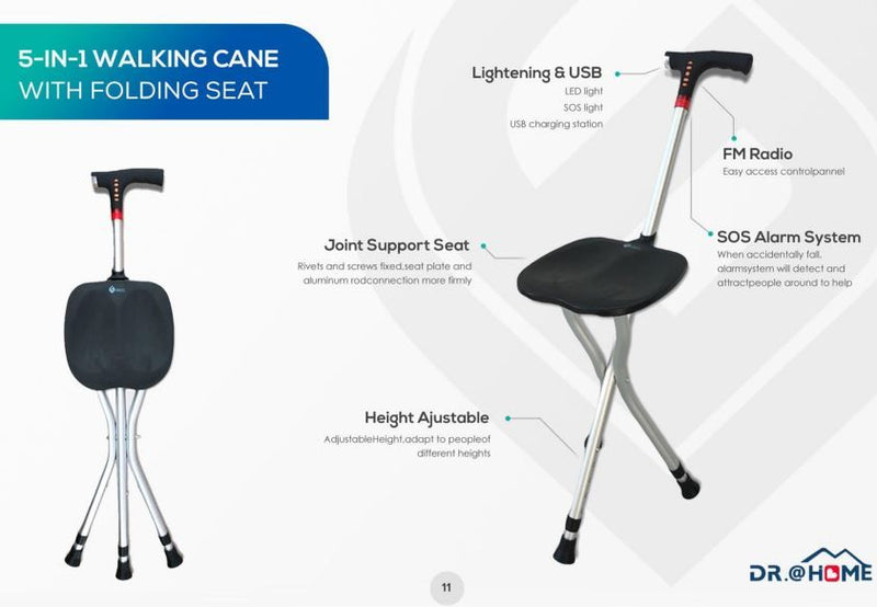 WALKSIT Compact Carbon Folding Chair & Walking Stick Combo