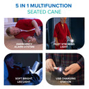Heavy Duty 5in1 Multifunctional Seated Walking Cane for Men&Women- Adjustable Height Walking Stick with Folding Seat-LED Lights, FM Radio, SOS Alarm